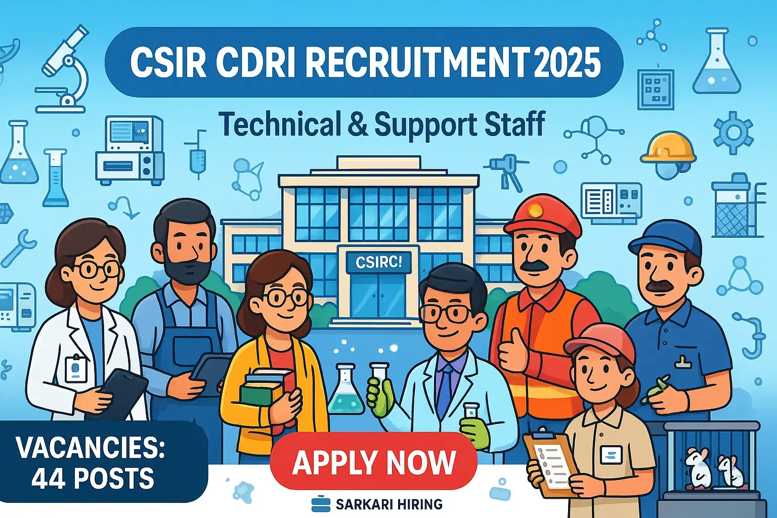 CSIR-CDRI campus, technical staff characters, scientific equipment and Apply Now box for CSIR CDRI Recruitment 2025.