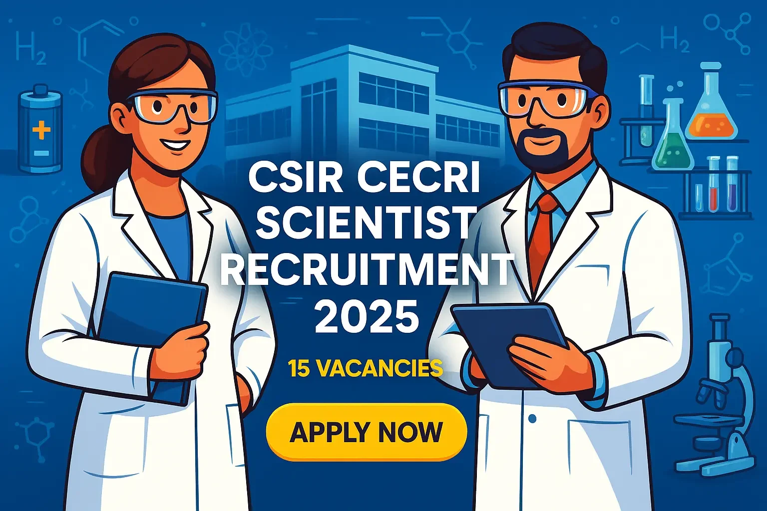 CSIR CECRI Scientist Recruitment 2025 cartoon-style laboratory poster with 15 vacancies and apply now button
