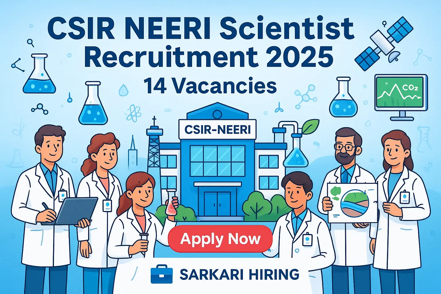 CSIR NEERI Scientist Recruitment cartoon banner showing scientists, NEERI building, and Apply Now