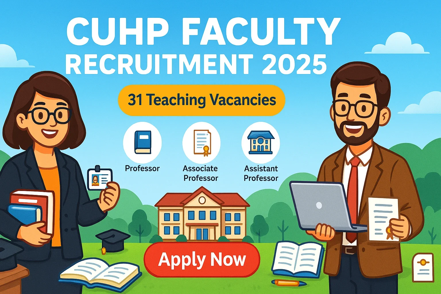 Cartoon-style banner for CUHP Faculty Recruitment showing professors, university building, academic icons and an Apply Now button.