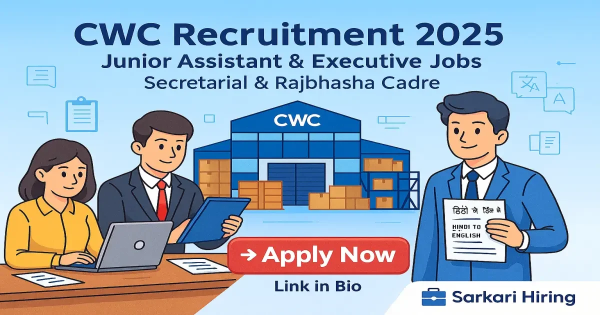 CWC Recruitment CWC Recruitment 2025 banner showing Junior Assistant and Executive cartoon characters working at Central Warehousing Corporation office with Apply Now button.