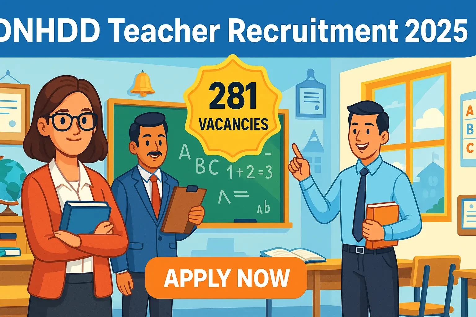 DNHDD Teacher Recruitment 2025 notification showing 281 Primary and Upper Primary Teacher vacancies with eligibility and salary details