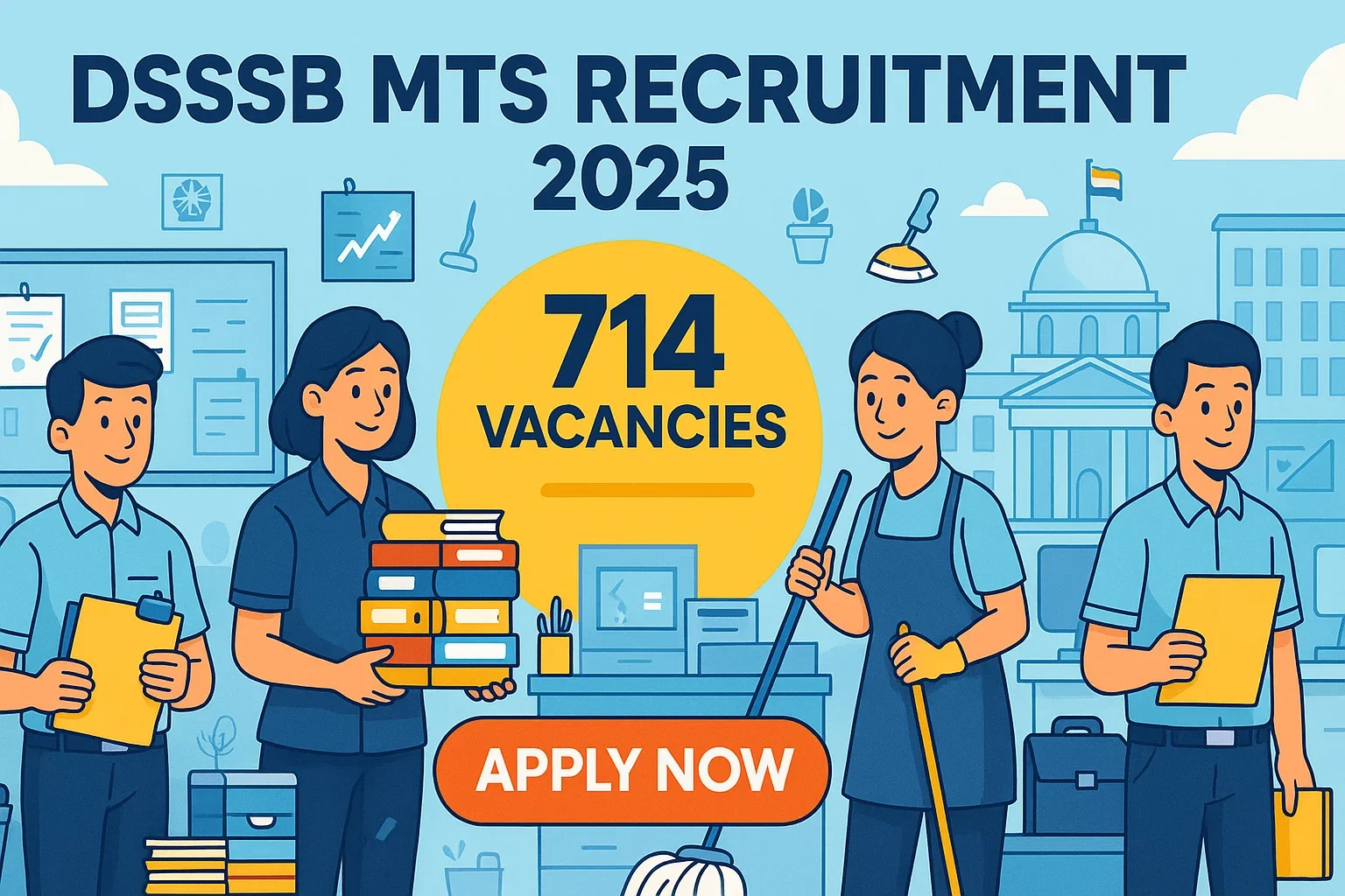 Cartoon-style banner for DSSSB MTS Recruitment 2025 showing 714 vacancies, Apply Now button, and illustrated MTS staff performing office and cleaning tasks.