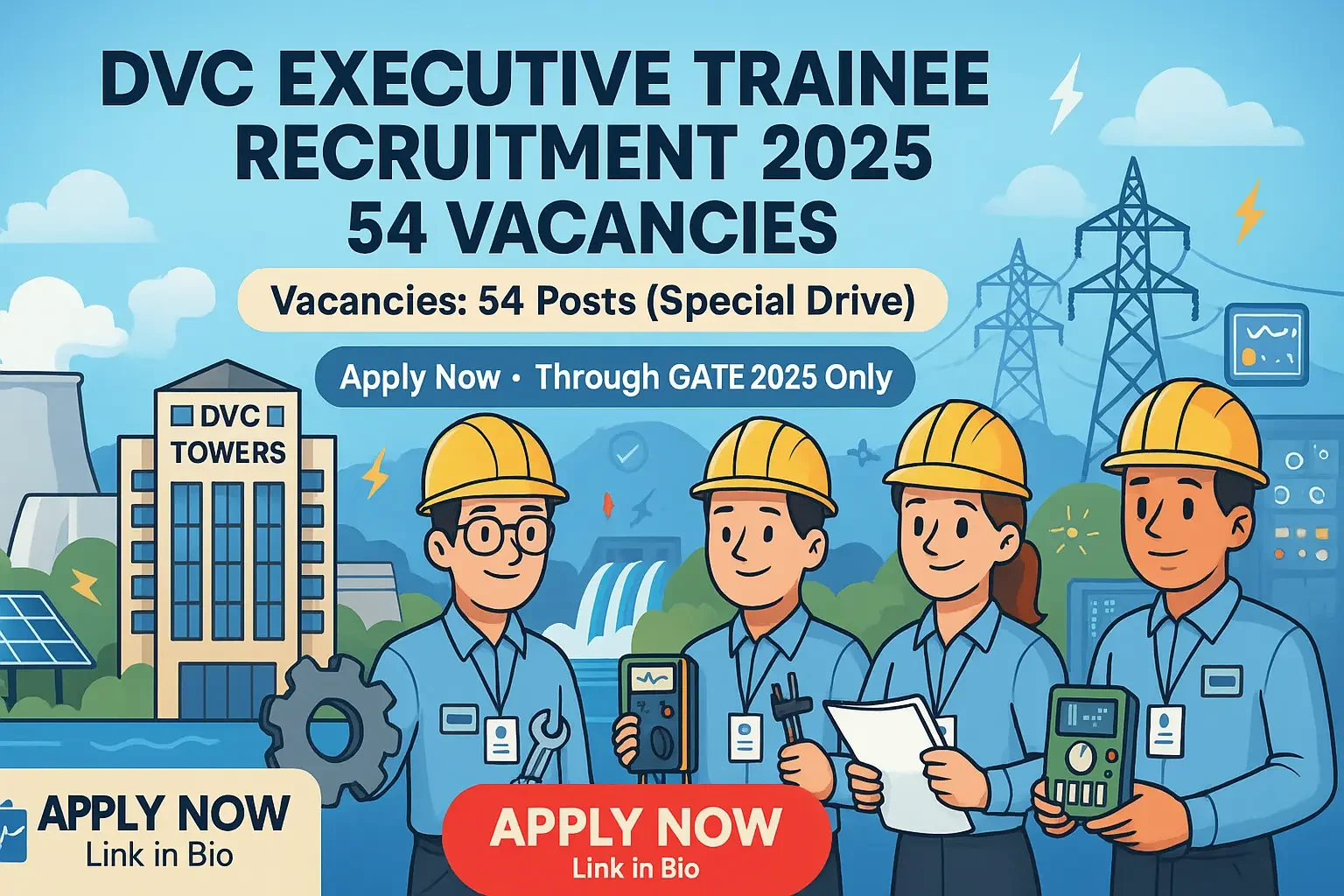 DVC Executive Trainee Recruitment 2025 showing DVC Towers, power-sector elements like turbines, generators, electric grids, hydel structures