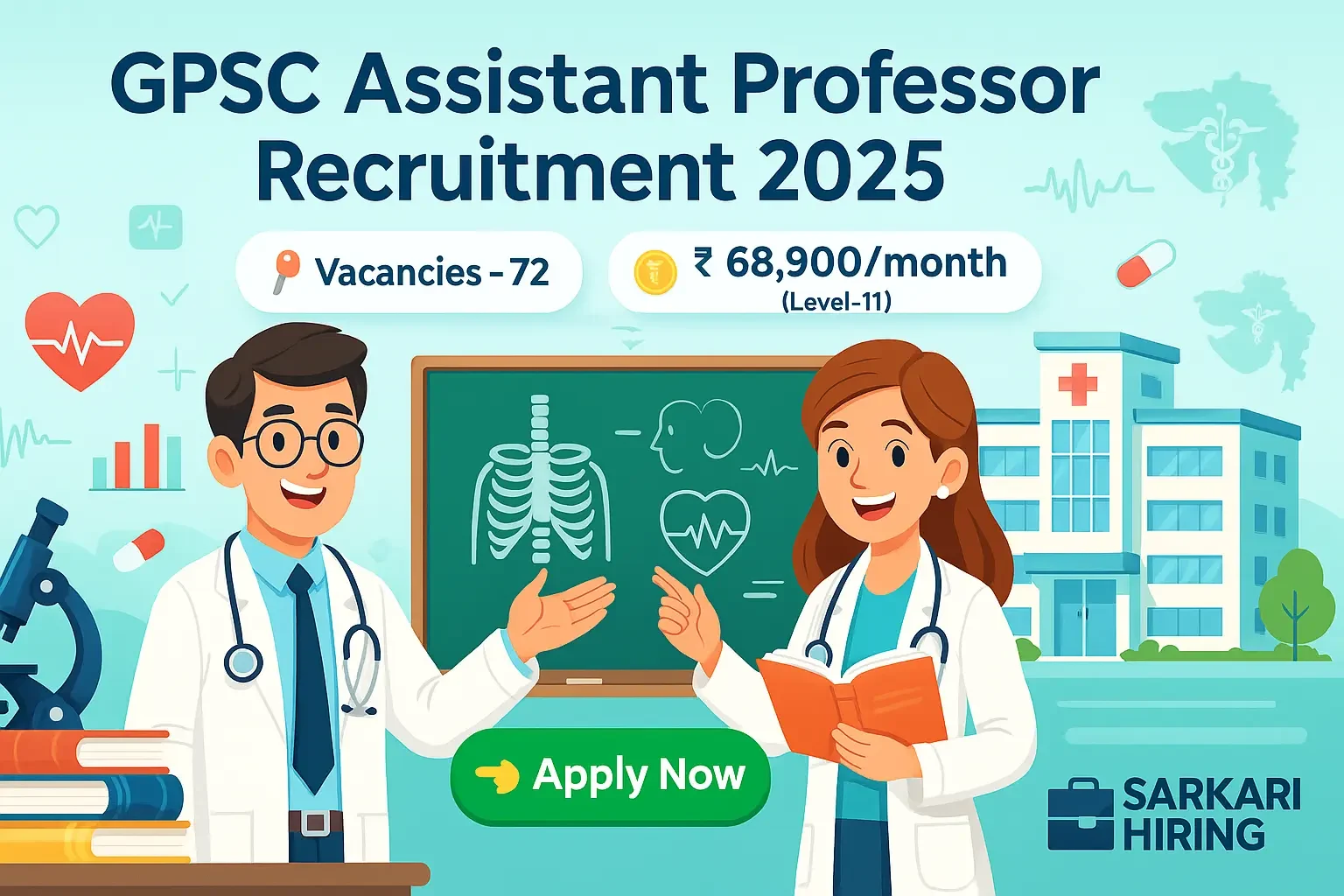 GPSC Assistant Professor Recruitment 2025 banner featuring cartoon-style professors teaching medical students in Gujarat medical college