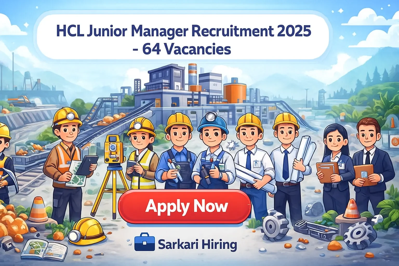 HCL Junior Manager Recruitment showing mining engineers, surveyors, geologists and office staff with an HCL mining facility in the background