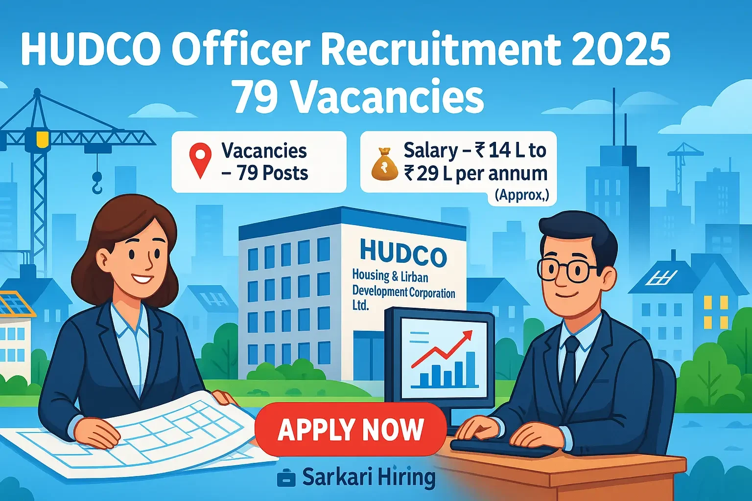 HUDCO Officer Recruitment 2025 – Cartoon banner showing officers, HUDCO building, construction cranes, and Apply Now button for 79 vacancies.