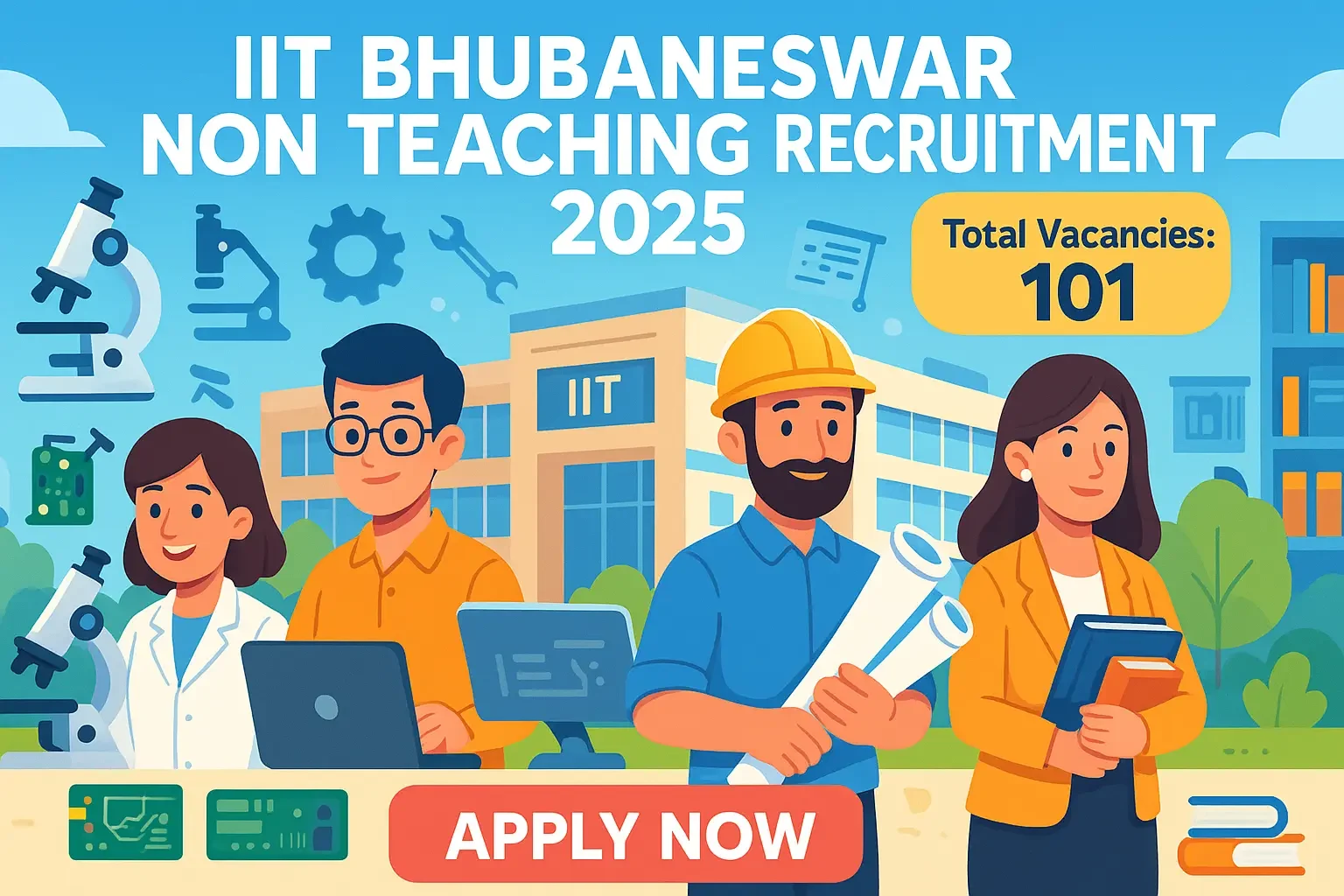Cartoon-style banner for IITB Non Teaching Recruitment showing 101 vacancies, IIT campus, technical and administrative staff characters, and an Apply Now button.