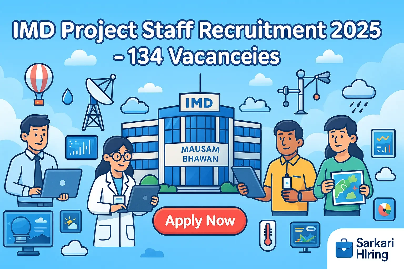 IMD Project Staff Recruitment 2025 showing Mausam Bhawan, radar systems, meteorology equipment, scientists