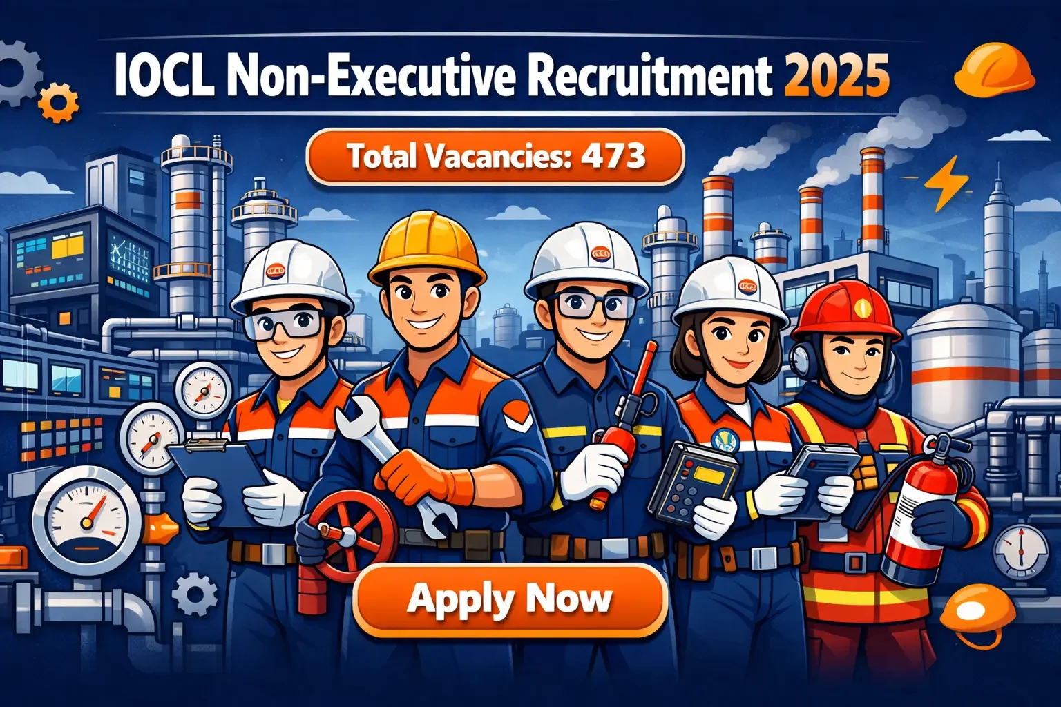 IOCL Non-Executive Recruitment 2025 cartoon style banner showing refinery professionals, industrial plant, and 473 vacancies recruitment notification