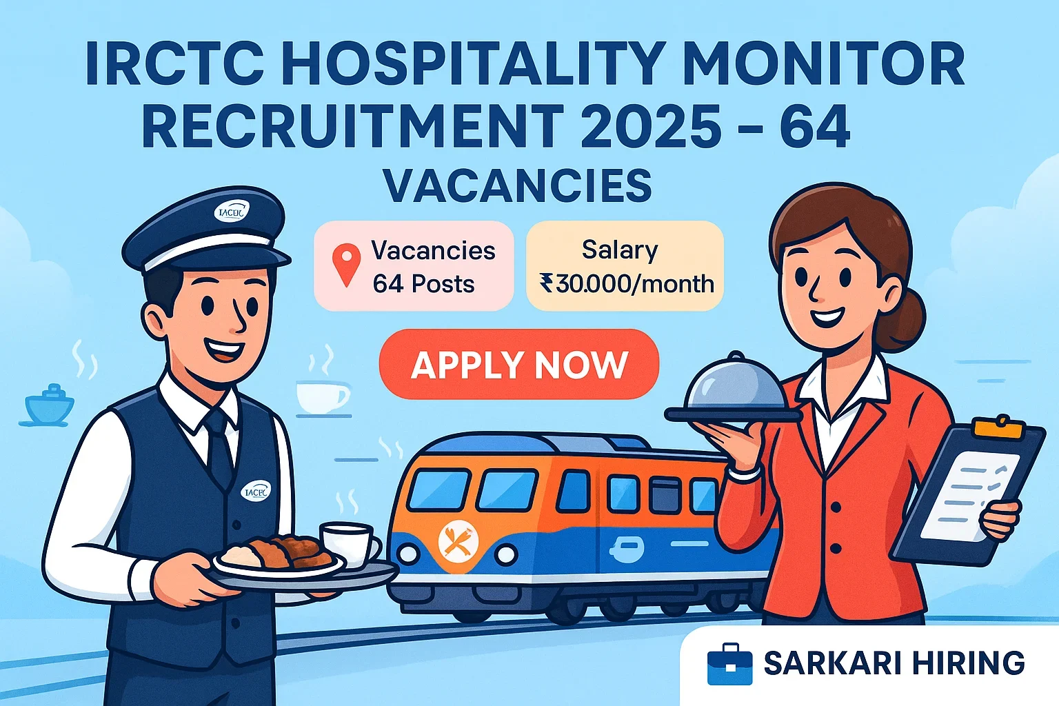 IRCTC Hospitality Monitor Recruitment IRCTC Hospitality Monitor Recruitment 2025 banner showing cartoon hospitality staff serving meals on a train with salary ₹30,000 and 64 vacancies.