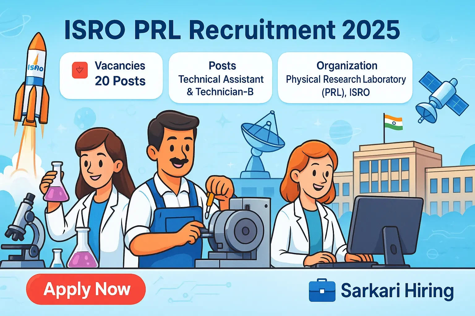 Cartoon-style banner showing scientists and technicians with ISRO rocket and PRL Ahmedabad building for ISRO PRL Recruitment 2025.