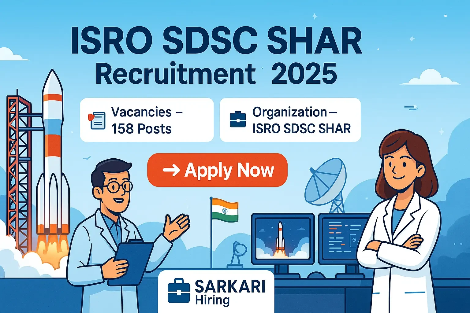 ISRO SDSC SHAR Recruitment 2025 banner featuring cartoon ISRO scientists, rocket launch pad, and Apply Now button