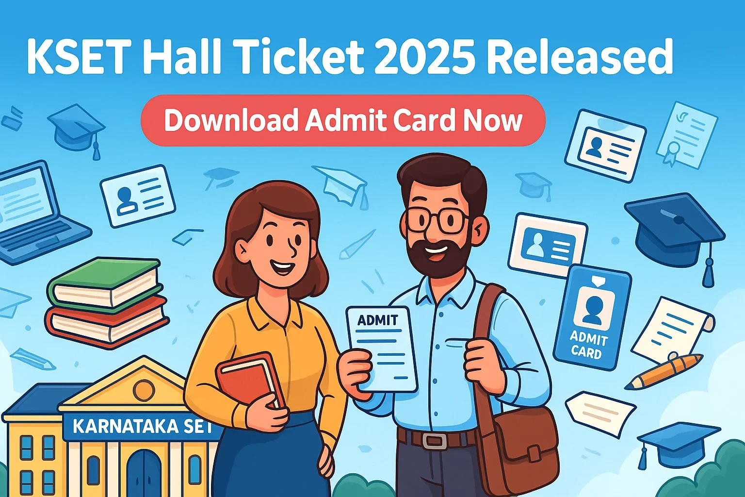KSET Hall Ticket 2025 Released banner showing cartoon students with admit cards near Karnataka SET building.
