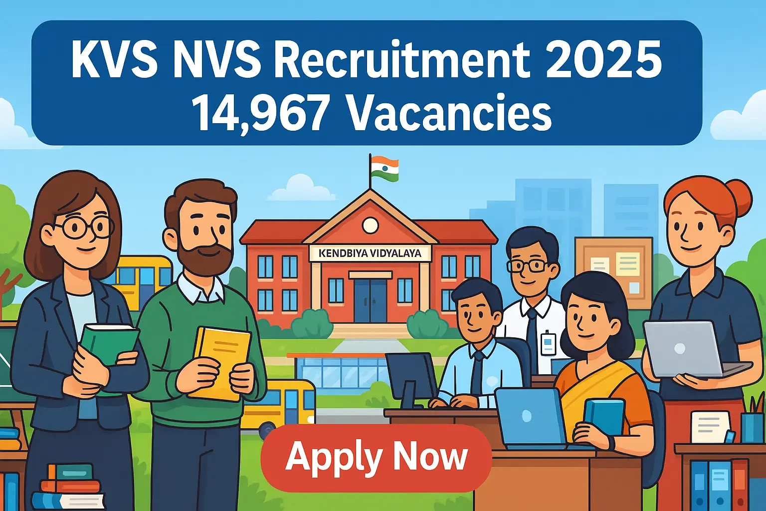 Cartoon-style banner for KVS NVS Recruitment 2025 showing teachers, admin staff, school campus, and Apply Now button for 14,967 vacancies.