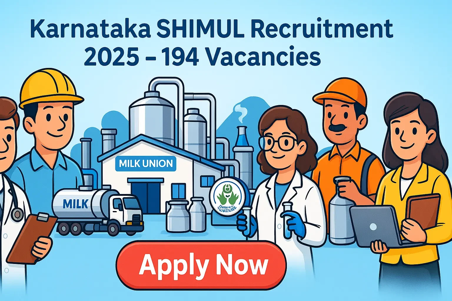 Karnataka SHIMUL Recruitment, featuring a dairy plant, milk storage tanks, technicians, veterinary officers, lab chemists, field staff.
