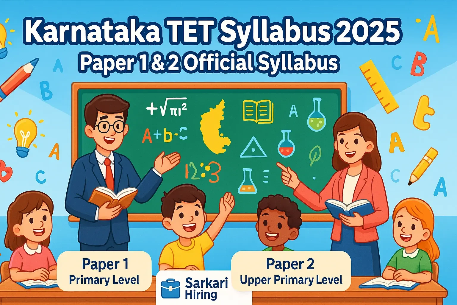 Karnataka TET Syllabus 2025 banner showing cartoon-style teachers and students in a classroom with Karnataka map and subject icons