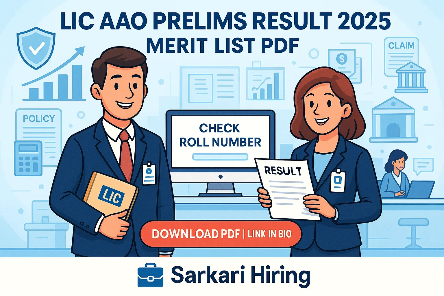 LIC AAO Prelims Result 2025 banner showing cartoon LIC officers with result sheet and “Check Roll Number” on screen