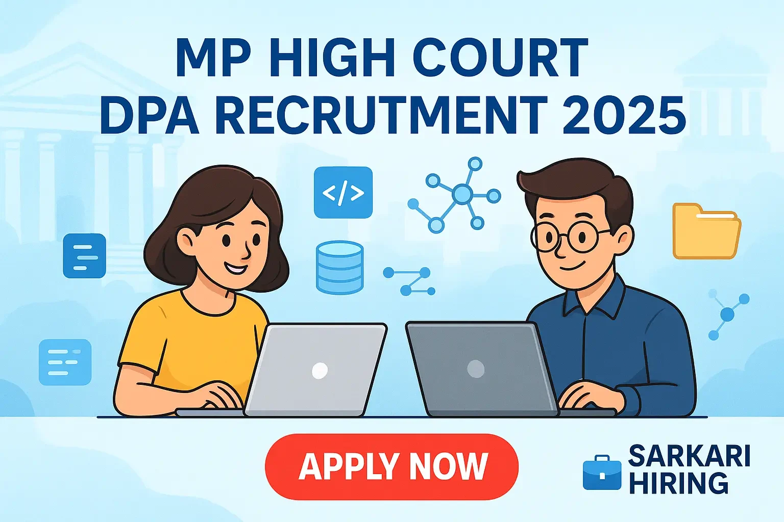 MP High Court DPA Recruitment banner showing cartoon Data Processing Assistants working on laptops with Apply Now button