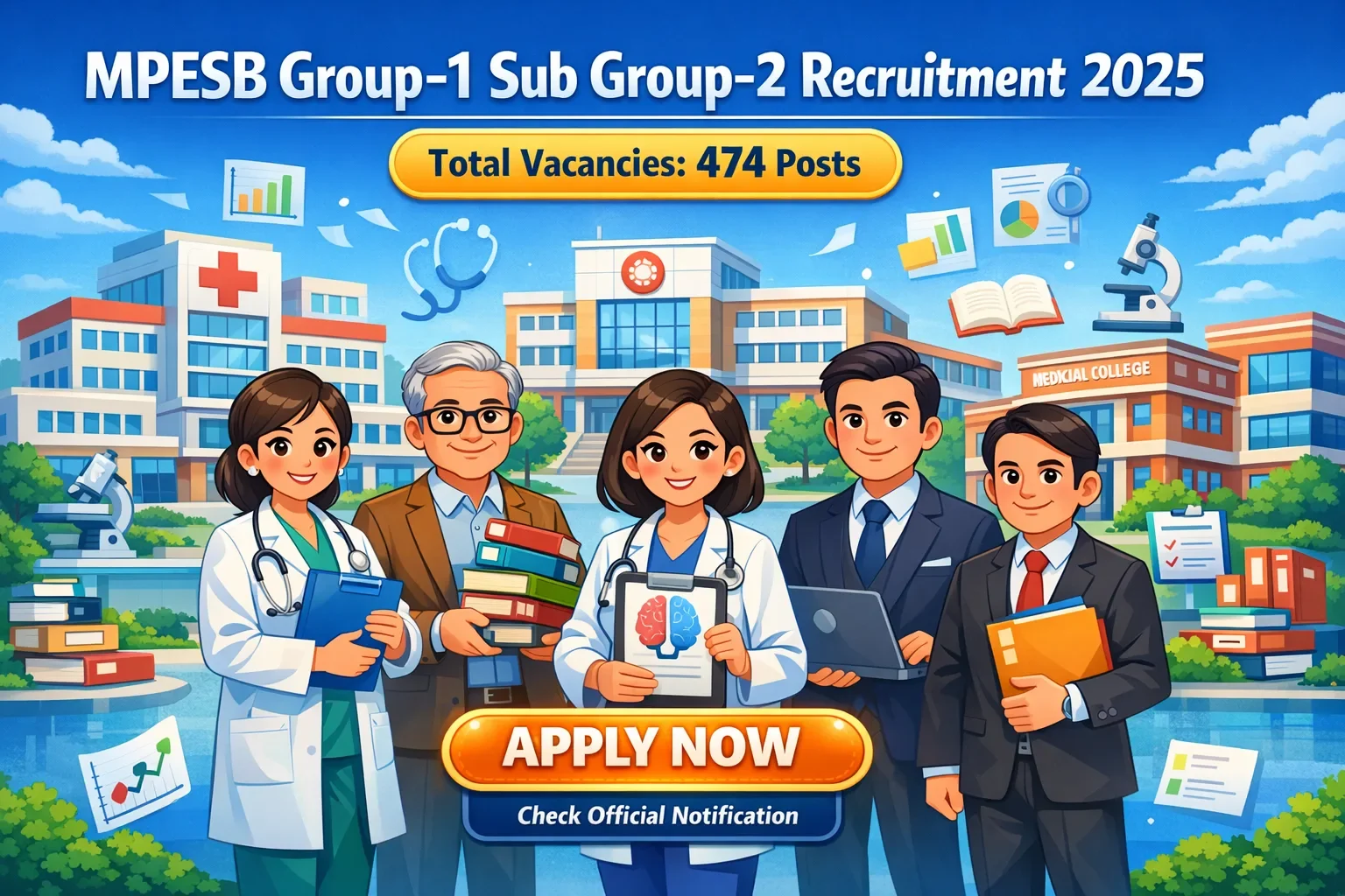 MPESB Recruitment 2025 Group-1 Sub Group-2 cartoon banner showing 474 government vacancies across medical, academic, and administrative posts