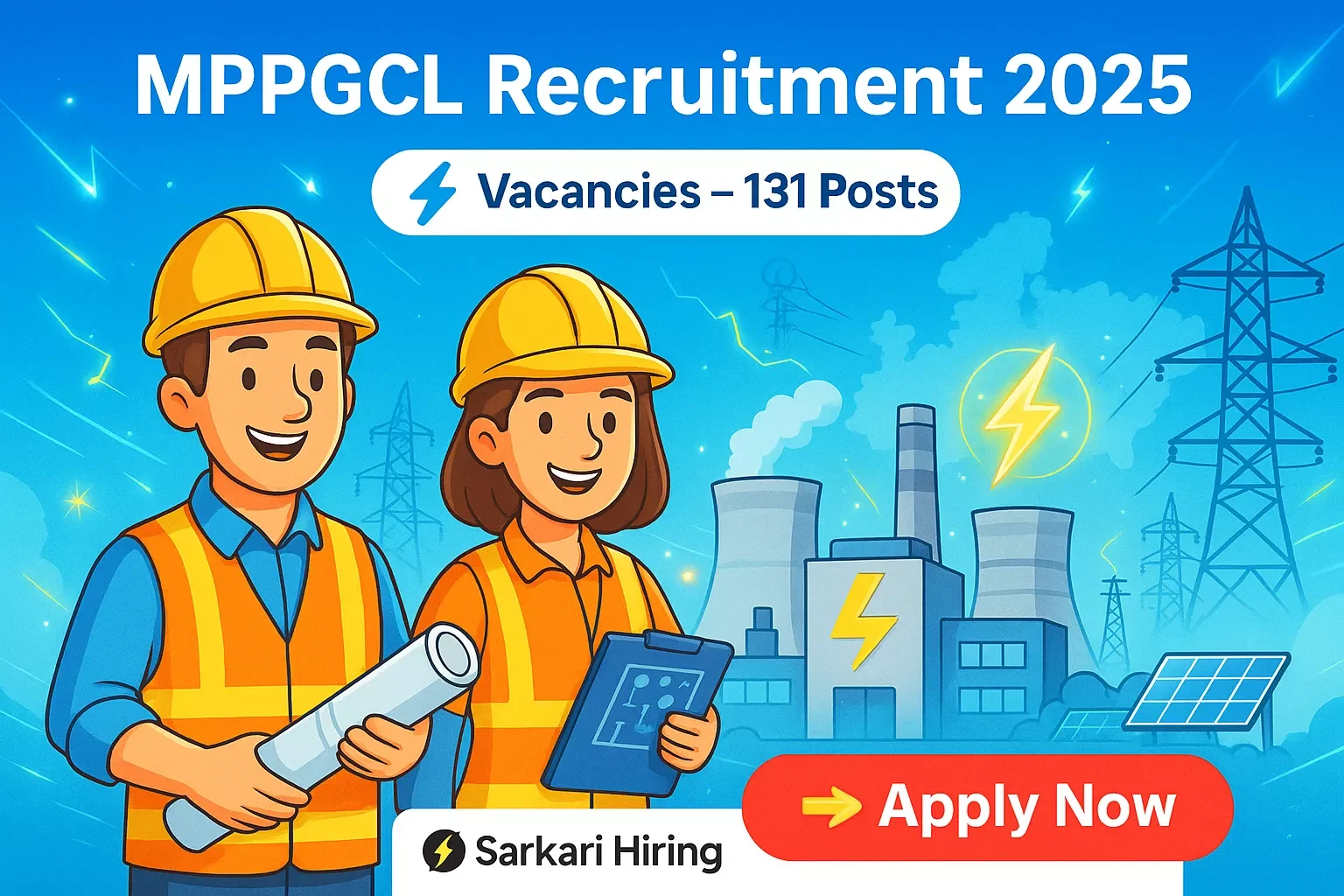Cartoon-style banner showing engineers and a power station for MPPGCL Recruitment 2025 – 131 Vacancies, featuring “Apply Now” button and Sarkari Hiring branding.