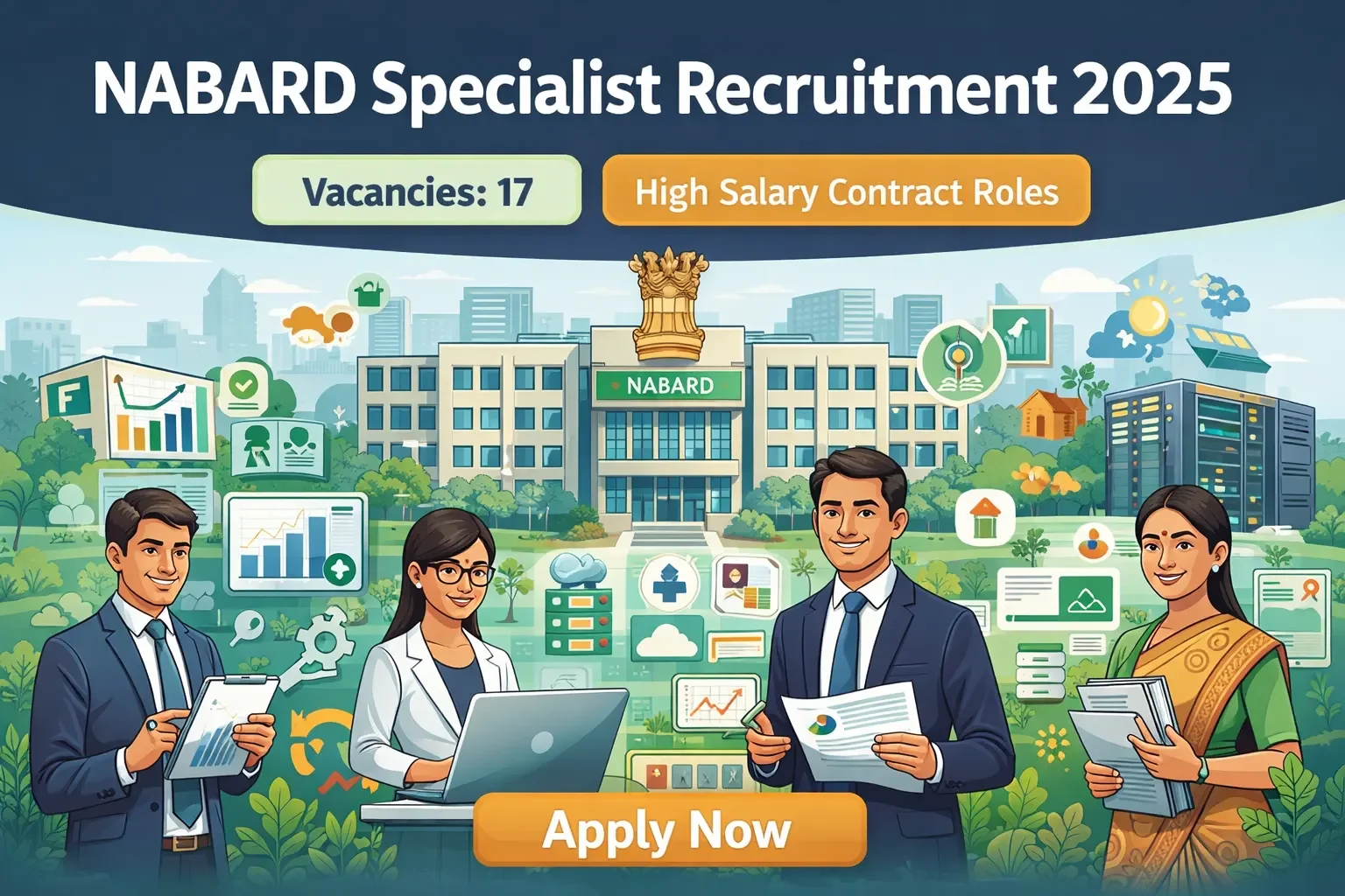 NABARD Specialist Recruitment 2025 cartoon-style recruitment banner showing NABARD Head Office Mumbai, specialist professionals in finance, data analytics, IT, risk management, and rural development roles with apply now call to action