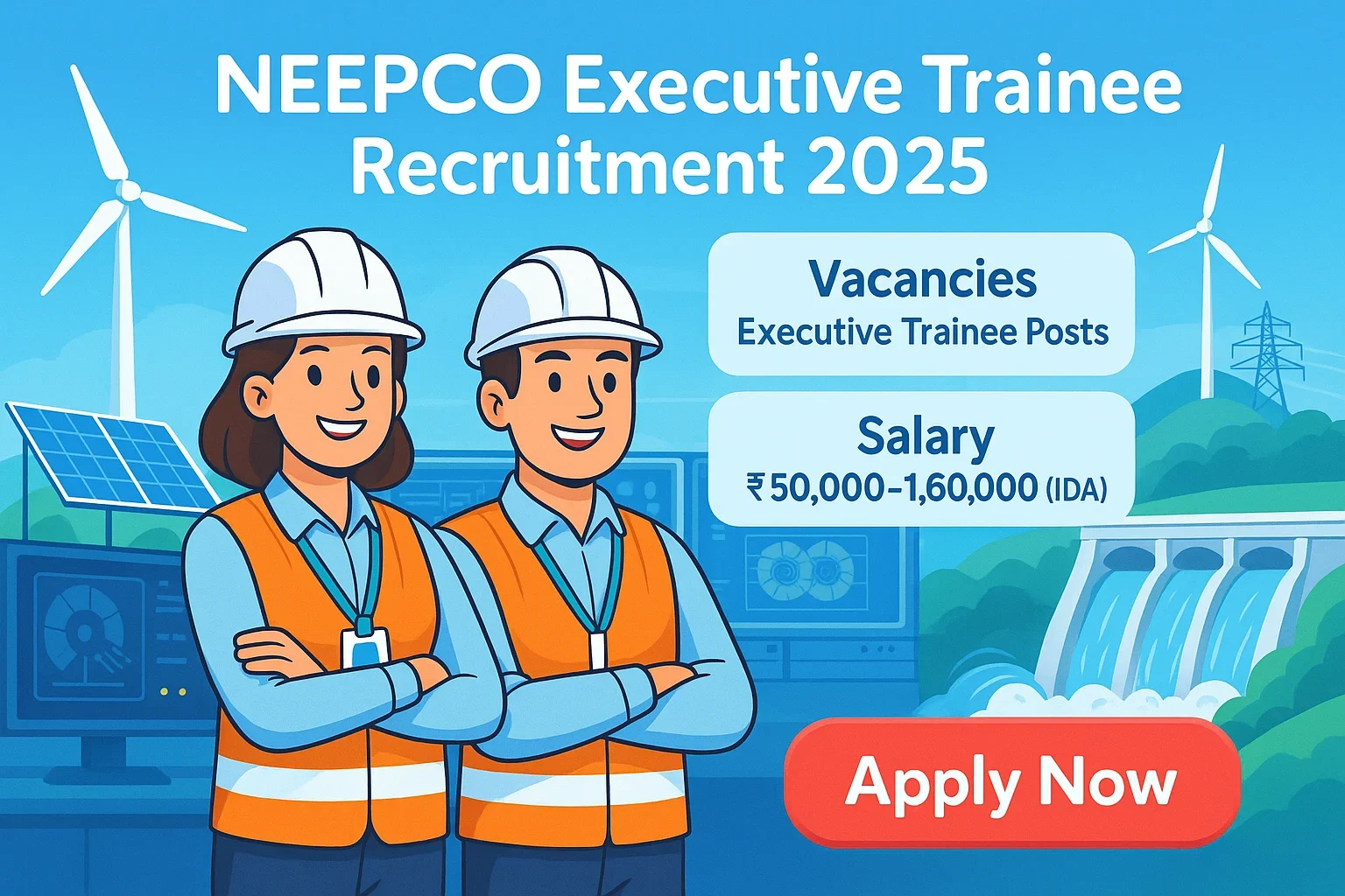 NEEPCO Executive Trainee Recruitment digital banner showing cartoon engineers, hydro dam, solar panels and wind turbines with Apply Now button.