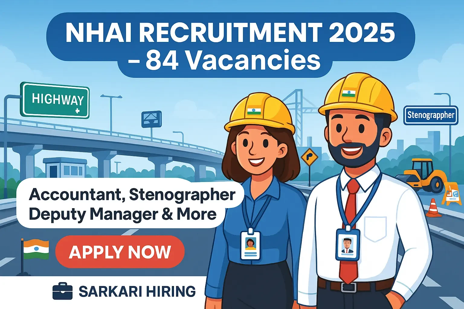 NHAI Recruitment 2025 cartoon banner showing engineers on a highway with Apply Now button and 84 vacancies