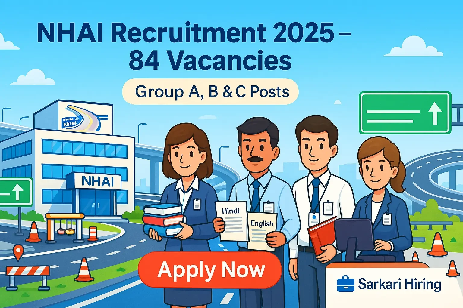 NHAI Recruitment 2025 showing an NHAI building, highways, toll booths, and cartoon professionals representing different posts, with a bold Apply Now button and Sarkari Hiring branding.