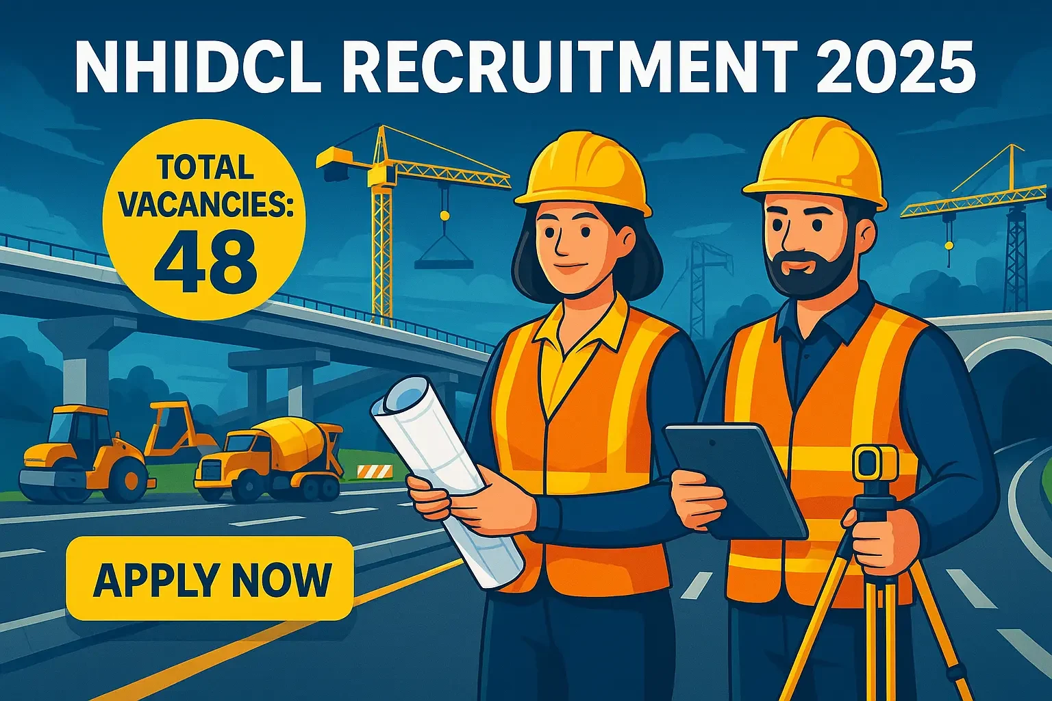 NHIDCL Recruitment 2025 cartoon banner showcasing 48 manager vacancies with highway construction site, civil engineers, and apply now call-to-action