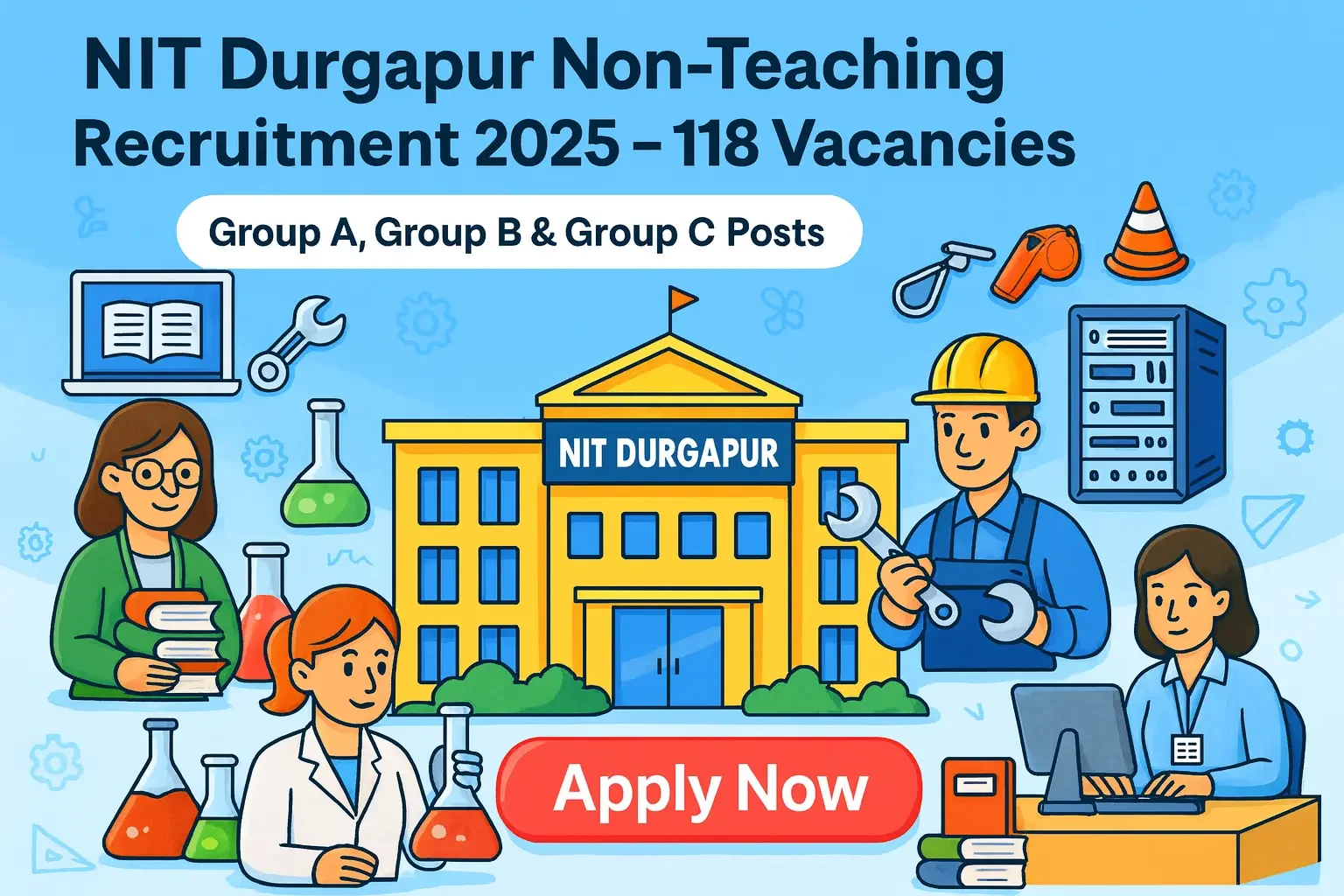 NIT Durgapur Non-Teaching Recruitment showing NIT campus building, staff characters and Apply Now button highlighting 118 vacancies.