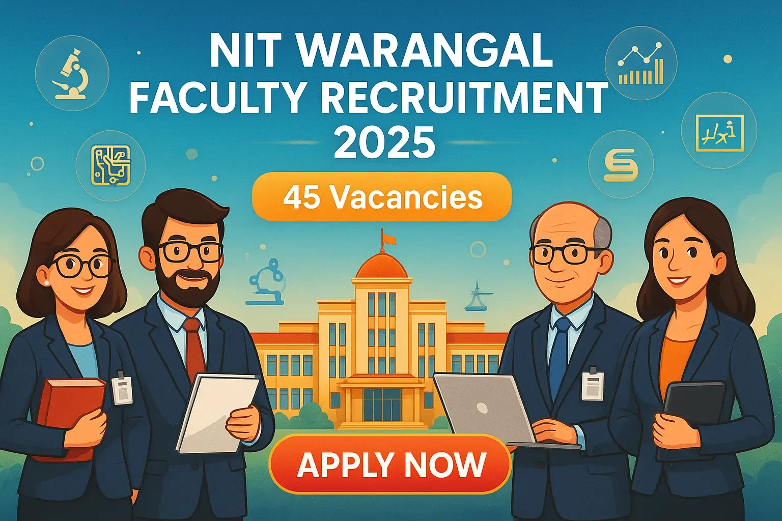 NIT Warangal recruitment 2025 cartoon banner showing 45 faculty vacancies with professors, academic building and Apply Now button