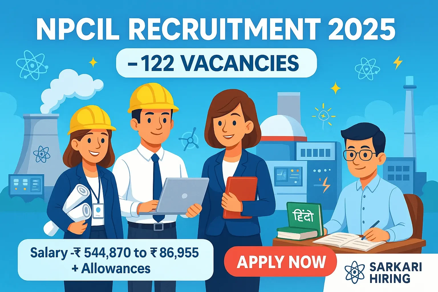 Cartoon-style banner for NPCIL Recruitment 2025 showing engineers, a nuclear power plant, and a Hindi Translator