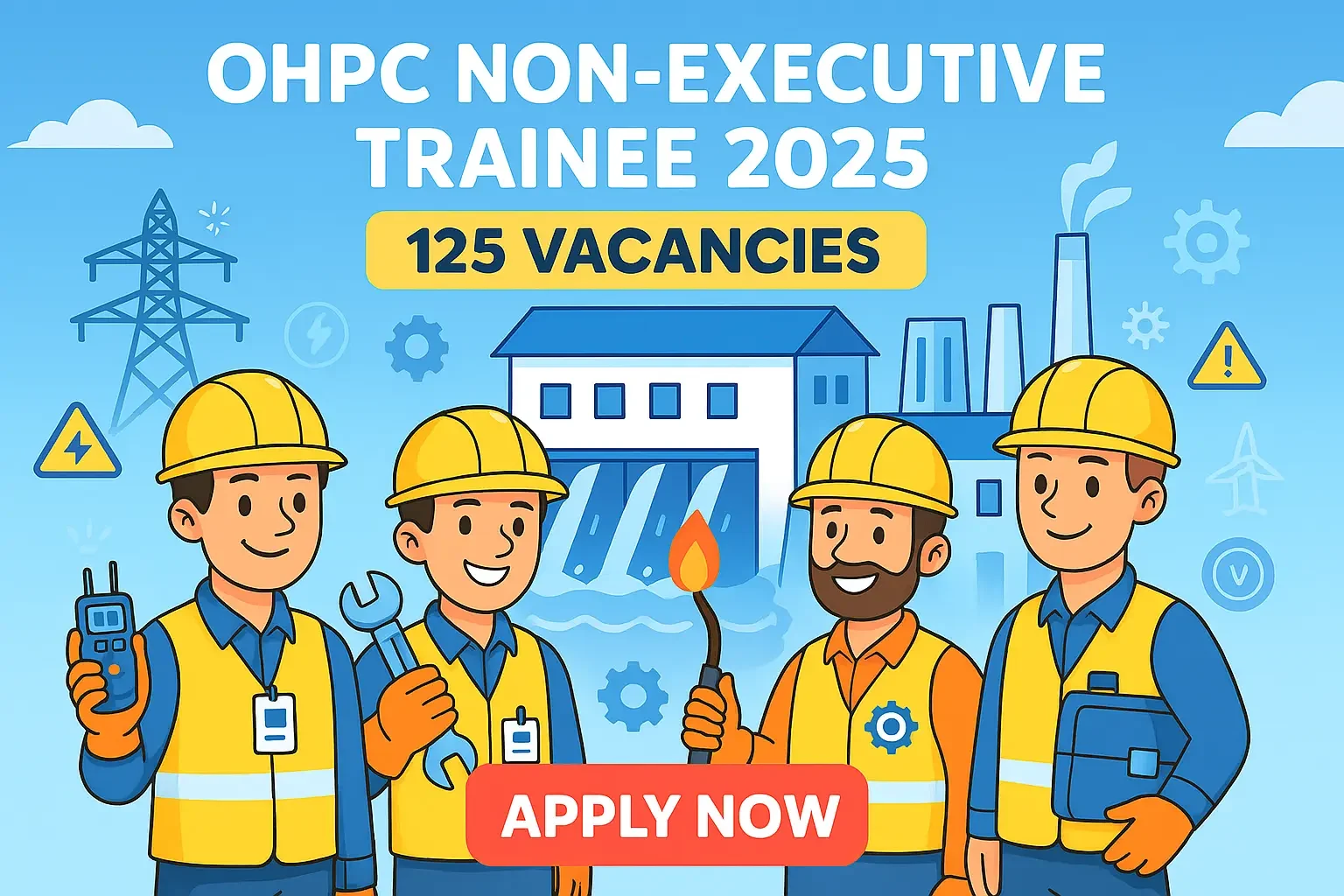 Cartoon-style recruitment banner for OHPC Non-Executive Trainee with engineers in safety helmets, hydro power plant in background