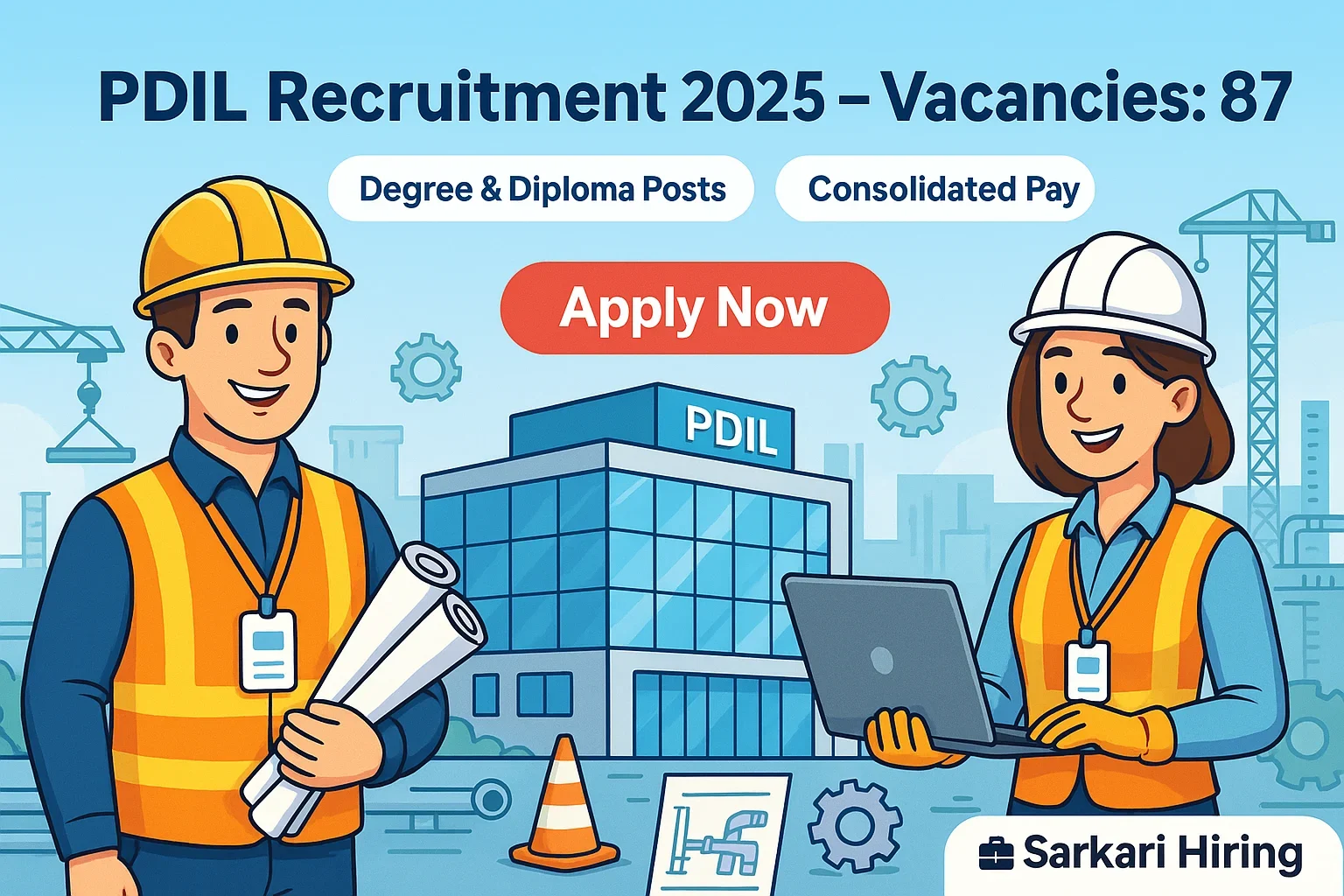 PDIL Recruitment 2025 cartoon-style banner showing male and female engineers, PDIL office building, Apply Now button and Degree & Diploma posts
