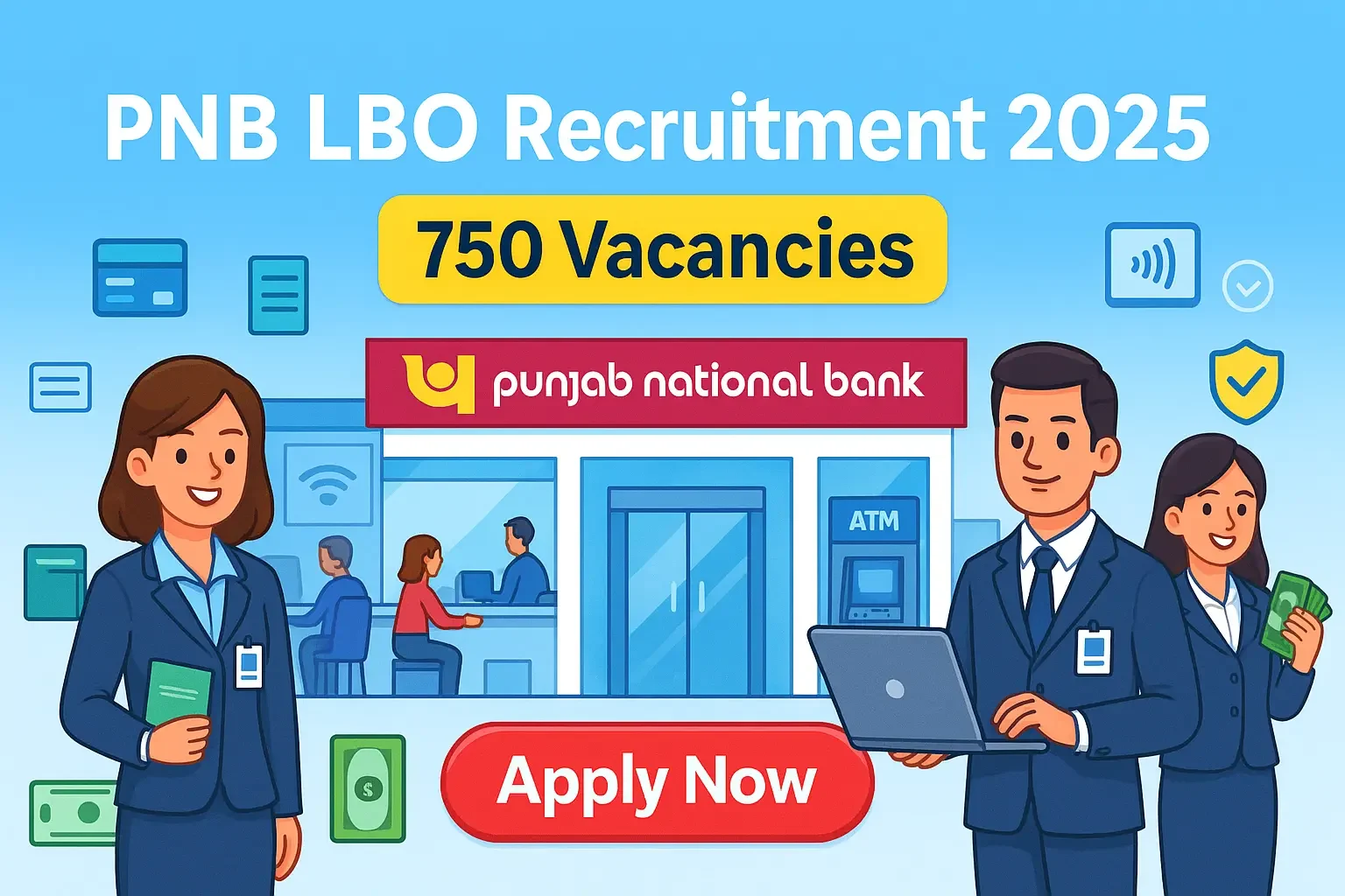 PNB LBO Recruitment 2025 cartoon banner showing bank officers, Punjab National Bank branch, 750 vacancies and Apply Now