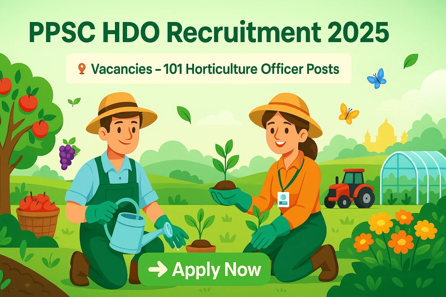 PPSC HDO Recruitment 2025 banner showing cartoon horticulture officers working in fields with orchards, plants, and Apply Now button
