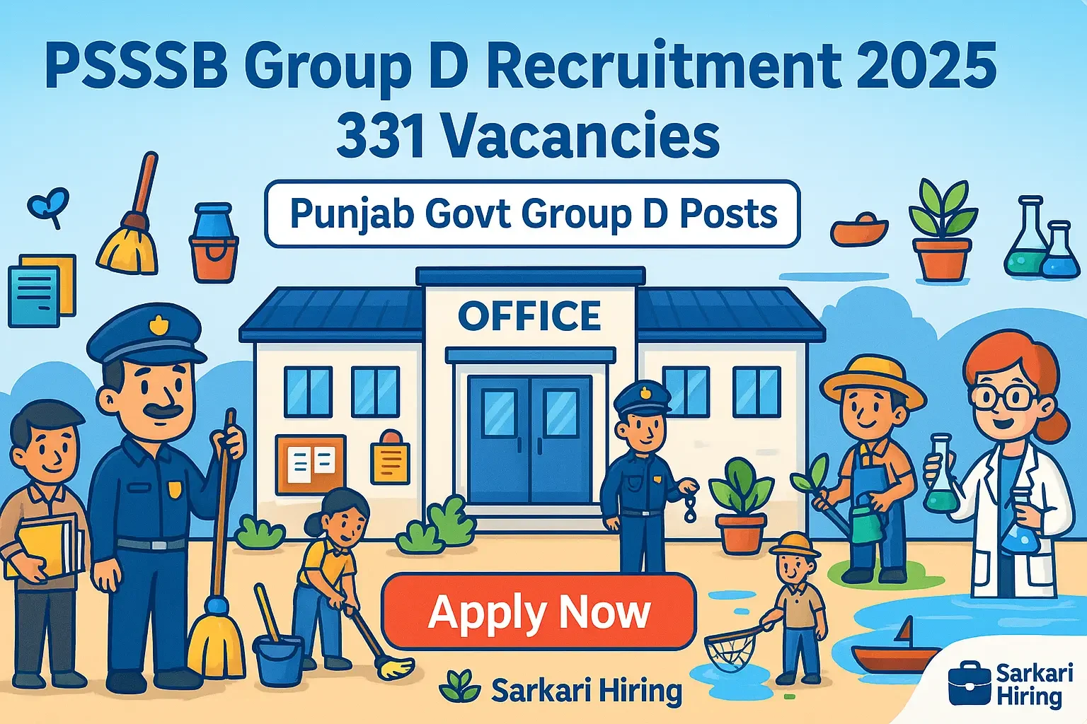 PSSSB Group D Recruitment 2025 showing various Group D job roles like Sewadar, Chowkidar, Safai Sevak, Mali-cum-Chowkidar