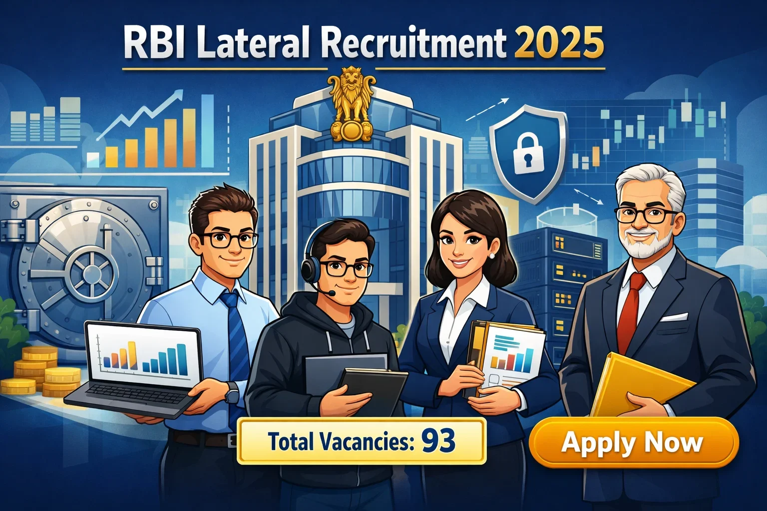 RBI Recruitment 2025 lateral hiring banner showing RBI building, expert professionals in IT, data analytics, risk management, and finance roles