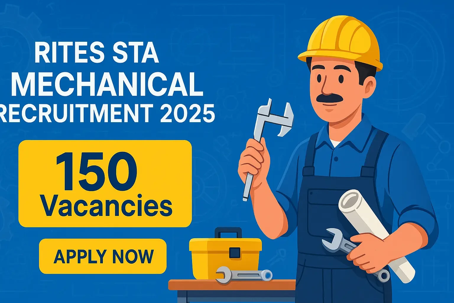 Cartoon-style banner for RITES STA Mechanical Recruitment 2025 showing an engineer, mechanical tools, gears and “150 Vacancies Apply Now” text in a vibrant layout.