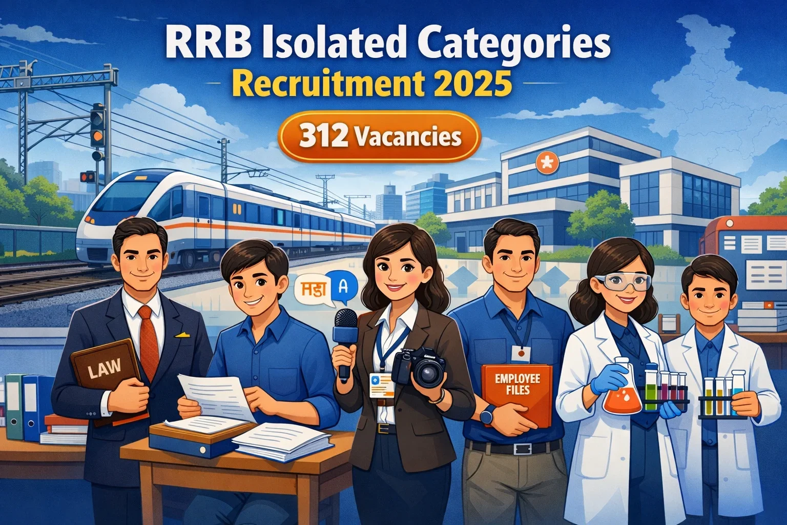 RRB Isolated Categories Recruitment 2025 cartoon banner showing railway office, train, and professionals from law, translation, publicity, welfare, and scientific roles