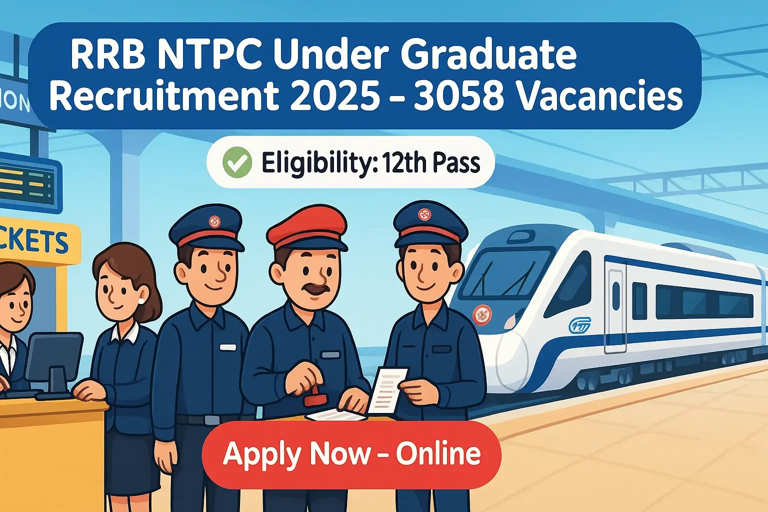 Cartoon-style banner for RRB NTPC Under Graduate Recruitment showing railway staff, ticket counter and modern train with Apply Now button