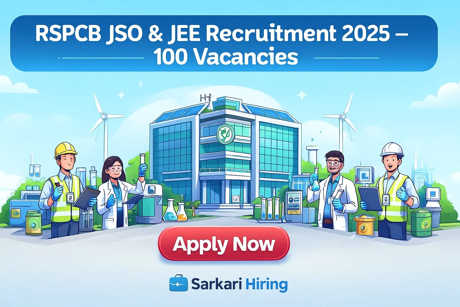 RSPCB Recruitment 2025 cartoon banner showing RSPCB office building, environmental engineers, lab scientists, safety equipment, and an Apply Now button for JSO and JEE 100 vacancies.