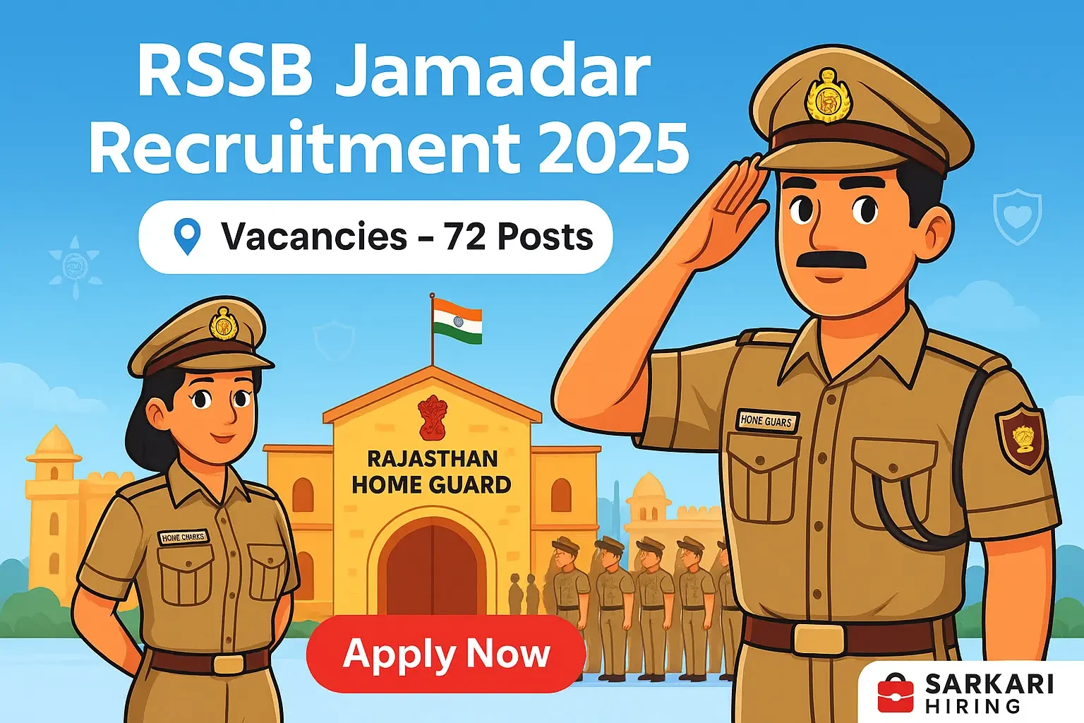 Cartoon-style banner for RSSB Jamadar Recruitment 2025 showing male and female Home Guard officers in khaki uniform with Rajasthan emblem and Apply Now button.