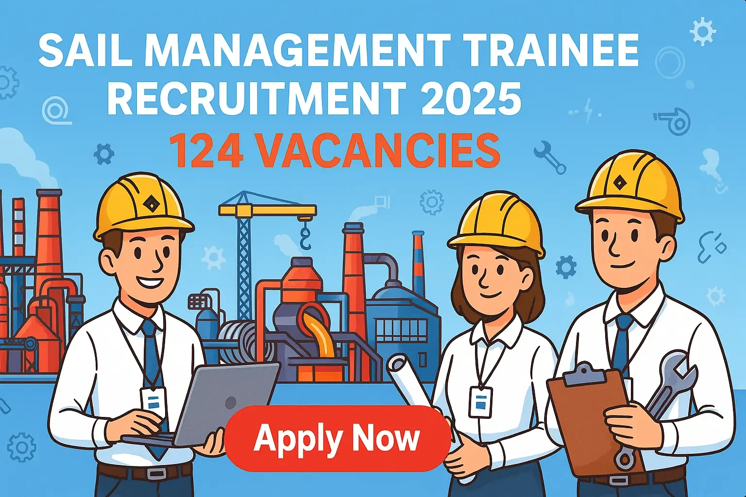 Cartoon-style banner for SAIL Management Trainee Recruitment showing engineers, steel plant background, and Apply Now button for 124 vacancies.