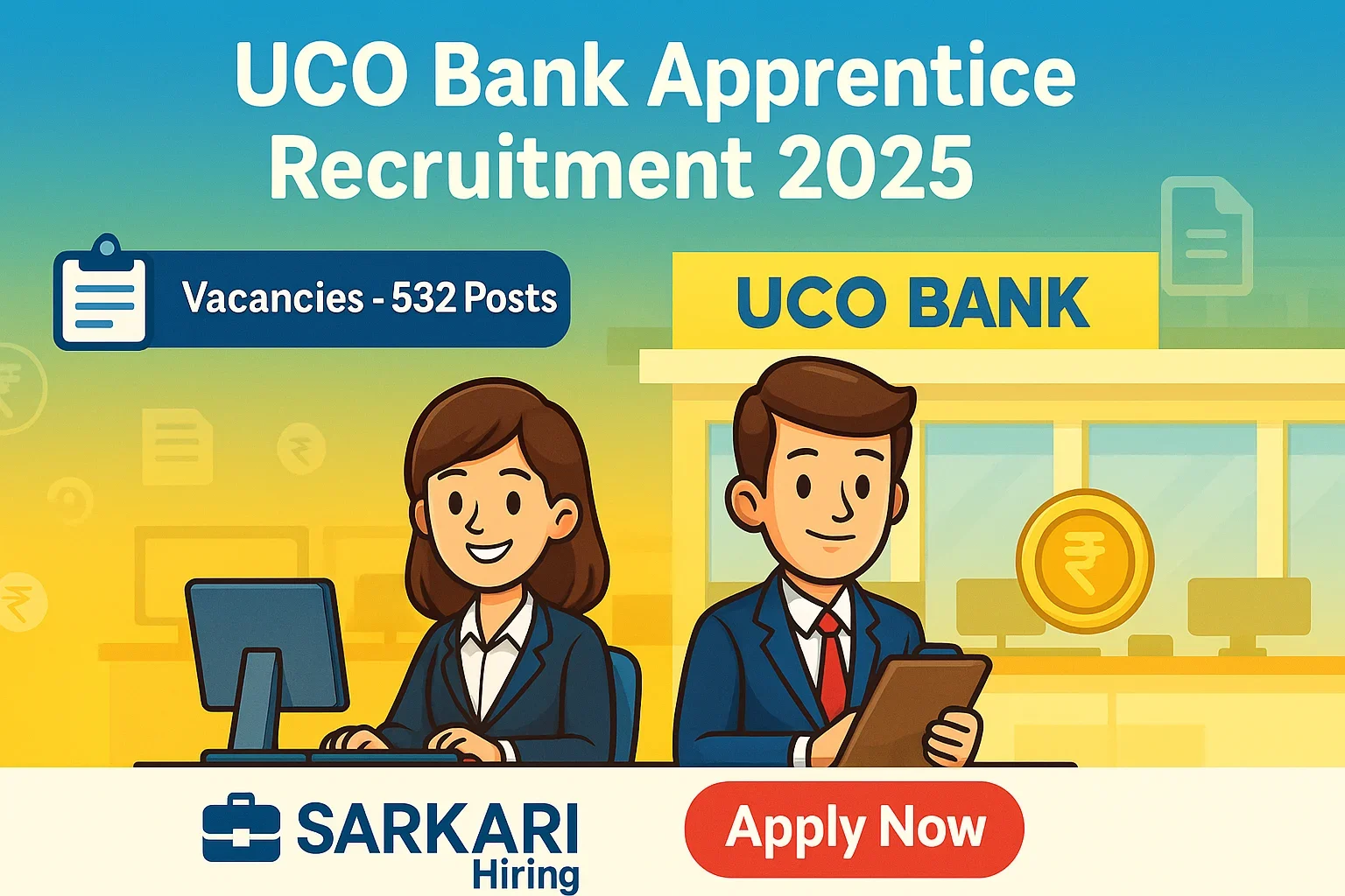 UCO Bank Apprentice Recruitment 2025 banner showing 532 vacancies, Apply Now button, and cartoon-style apprentices working inside a UCO Bank branch.