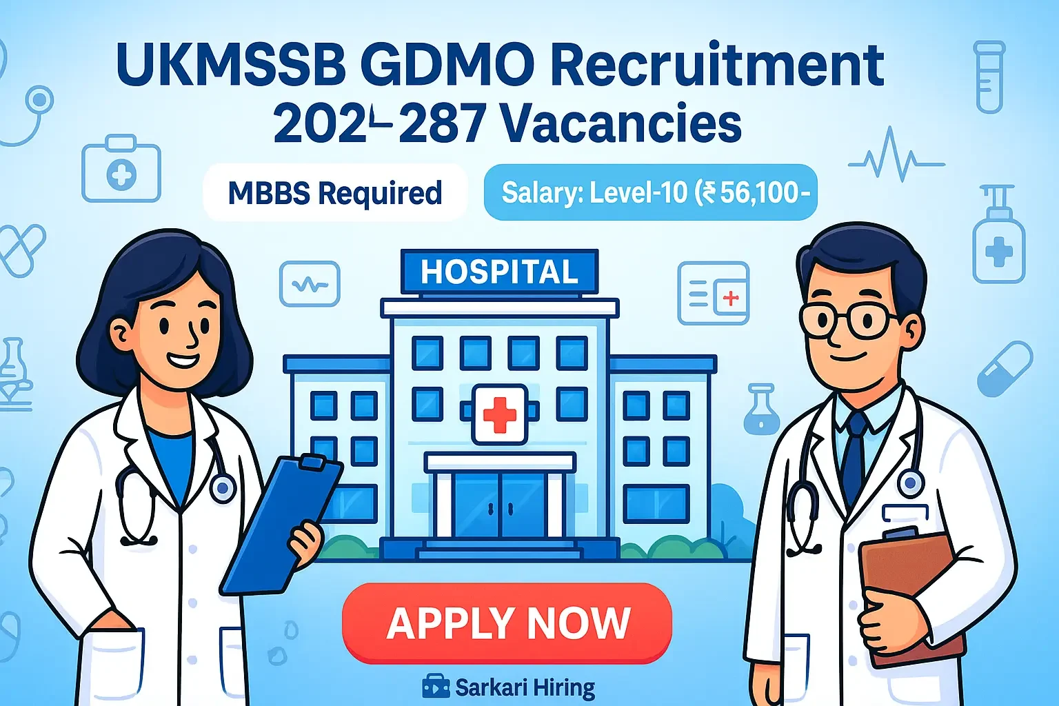 UKMSSB GDMSSB Recruitmeent 2025 showing doctors, hospital building, Apply Now button, salary details and MBBS eligibility.