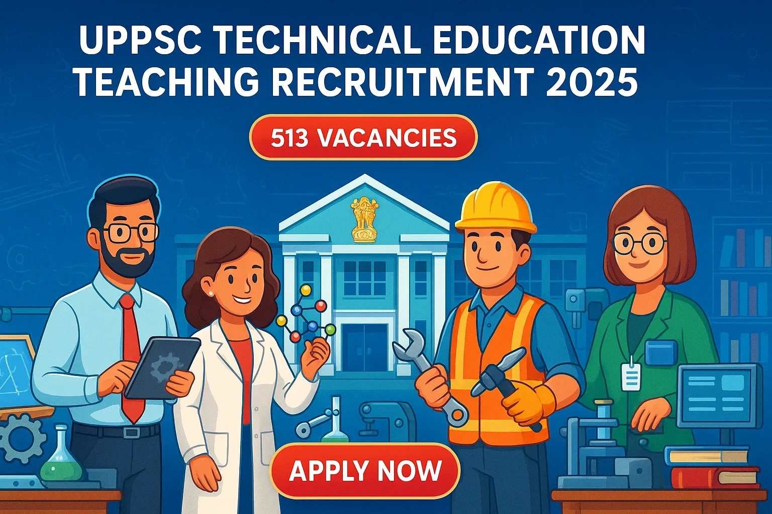 UPPSC Education Lecturer Recruitment 2025 cartoon banner showing polytechnic campus, teaching staff, workshop superintendent, and librarian with 513 vacancies