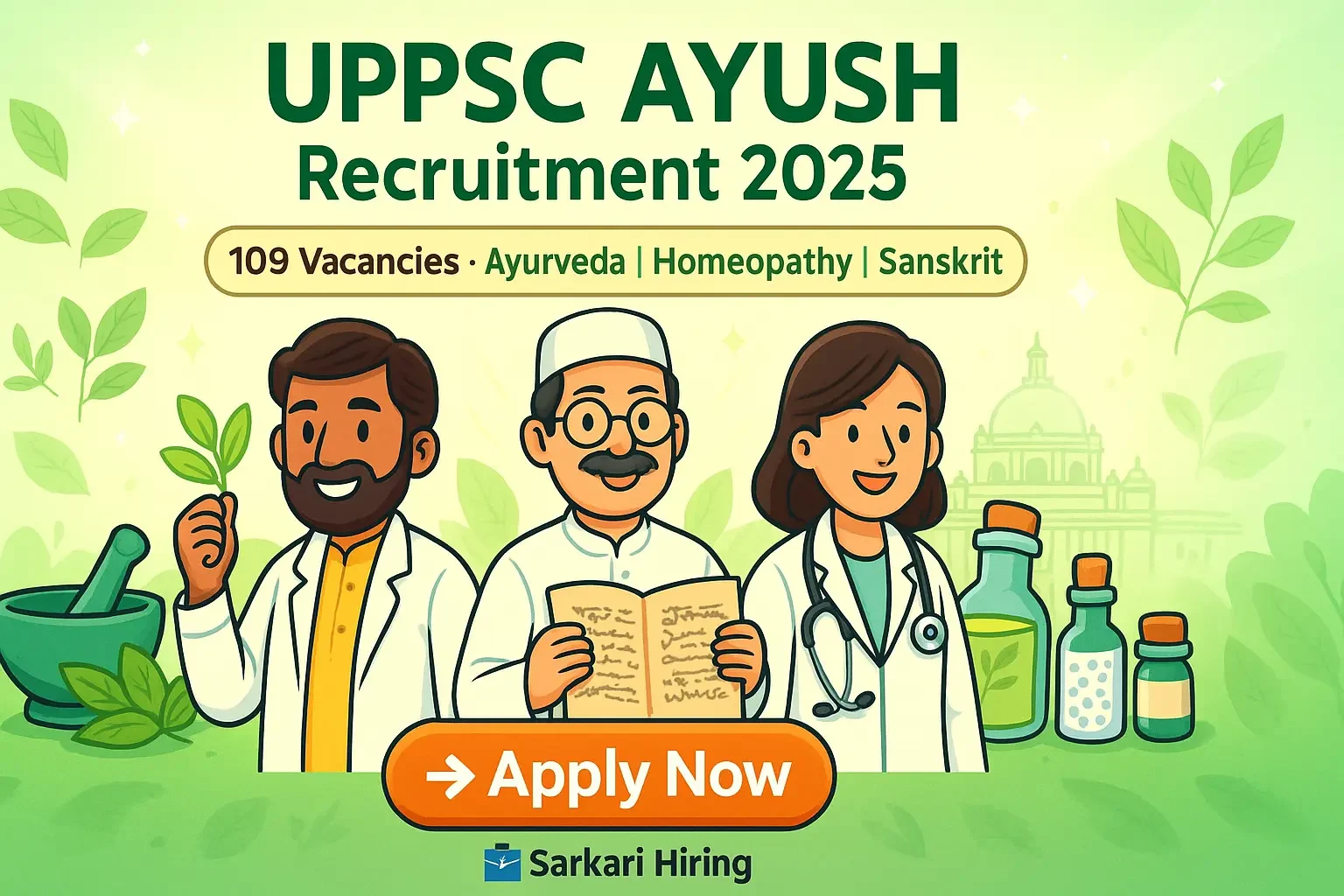 UPPSC Recruitment 2025 cartoon-style banner showing Ayurvedic, Unani, and Homeopathy doctors with Apply Now button