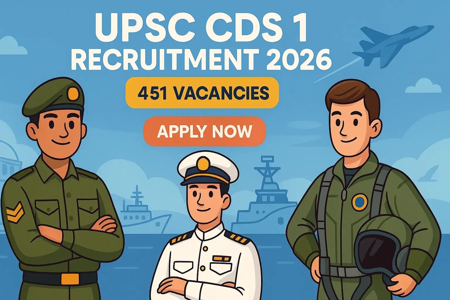 Cartoon-style defence recruitment banner for UPSC CDS 1 Recruitment 2026 showing Army cadet, Navy officer, and Air Force pilot with 451 vacancies and Apply Now button.